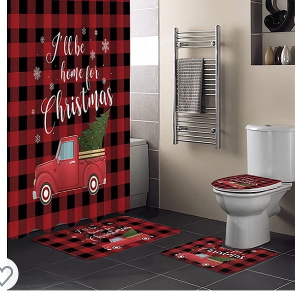 4 Piece Shower Curtain Sets with Non-Slip Rugs, Truck with Christmas Tree - Picture 1 of 7